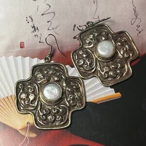 Vintage Huge Silver Floral Crosses and Natural Freshwater Pearl XL Earrings